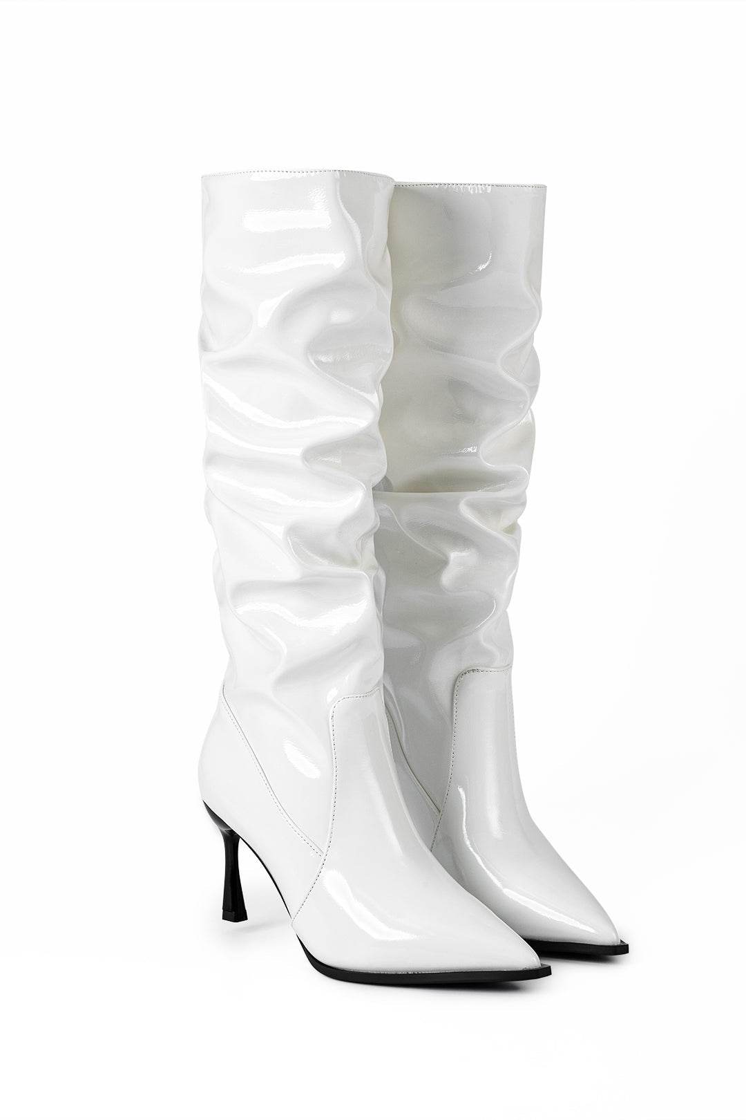 Faux Leather Ruched Pointed Toe Knee High Boots - REBECATHELABEL