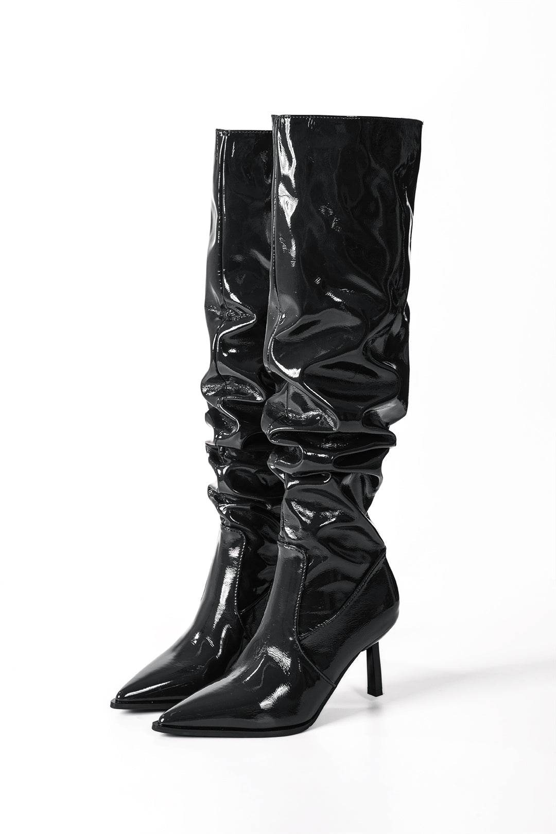 Faux Leather Ruched Pointed Toe Knee High Boots - REBECATHELABEL