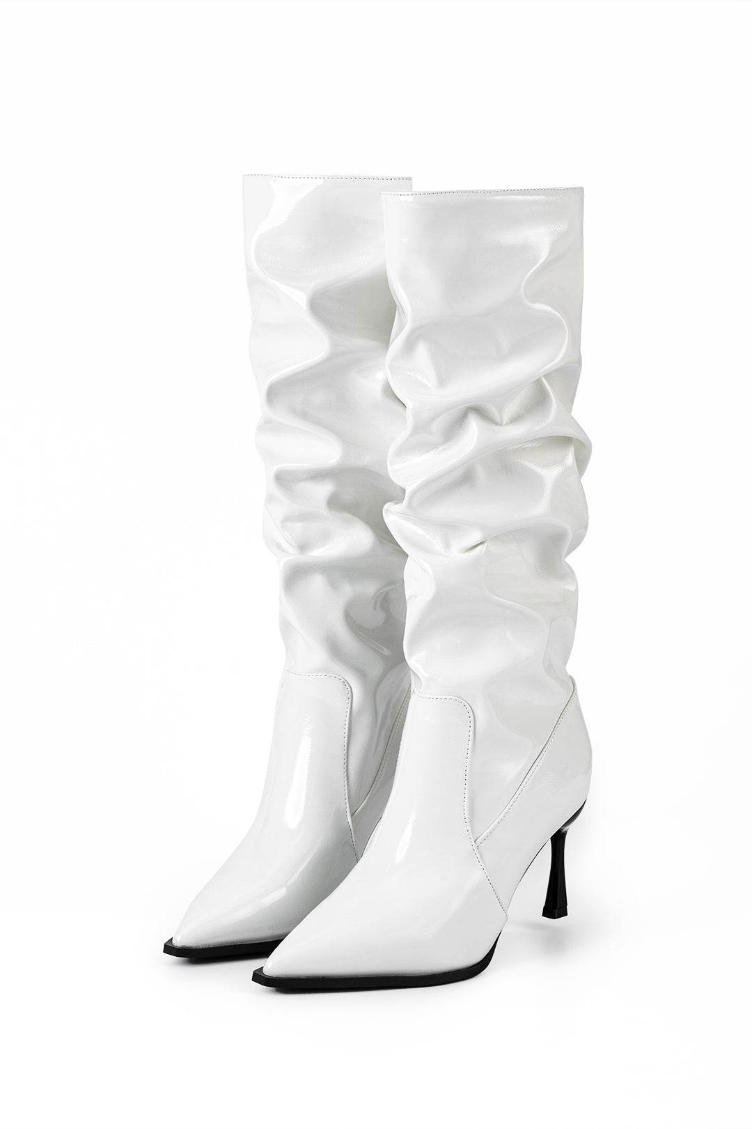 Faux Leather Ruched Pointed Toe Knee High Boots - REBECATHELABEL