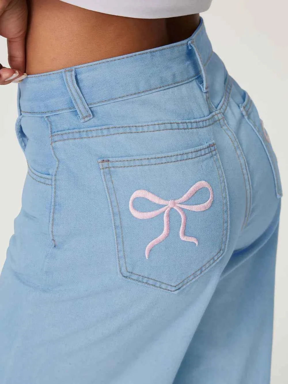 Embroidered Bow Back Wide Leg Jeans
