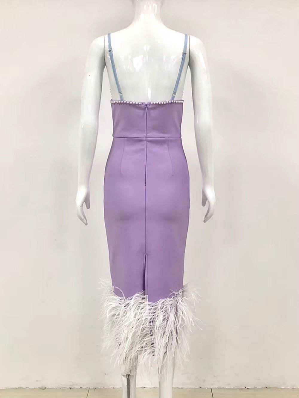 Feather Bead Spaghetti Strap Backless dress - REBECATHELABEL