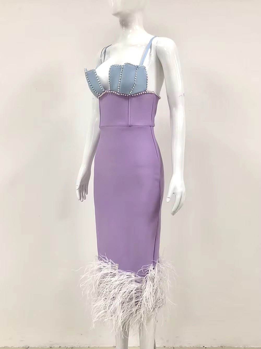 Feather Bead Spaghetti Strap Backless dress - REBECATHELABEL