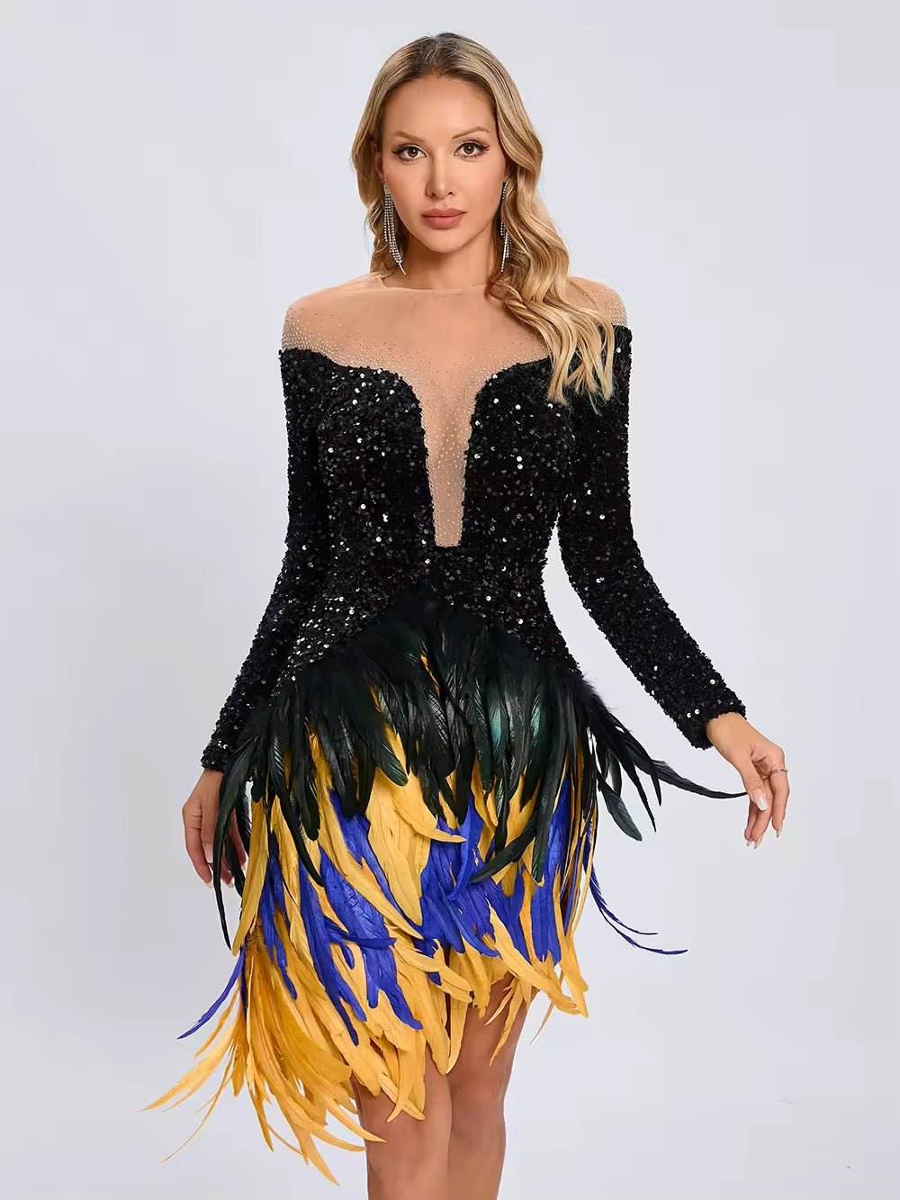 Feathers Sequin Strapless Mesh Long Sleeves Bodycon Mini Dress - REBECATHELABEL