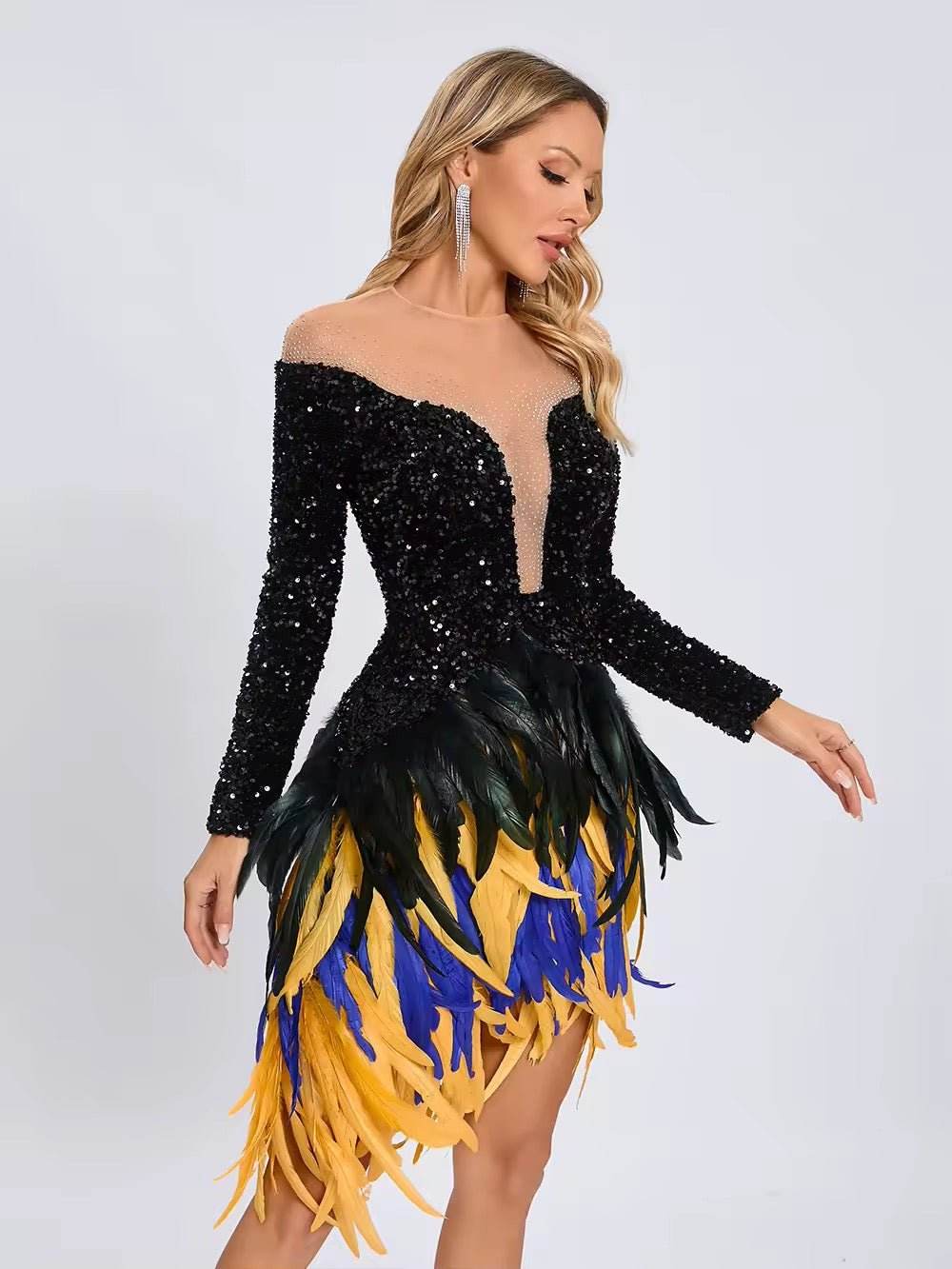 Feathers Sequin Strapless Mesh Long Sleeves Bodycon Mini Dress - REBECATHELABEL