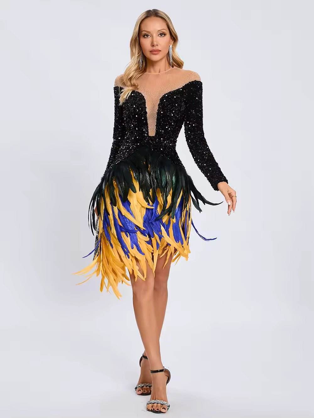 Feathers Sequin Strapless Mesh Long Sleeves Bodycon Mini Dress - REBECATHELABEL