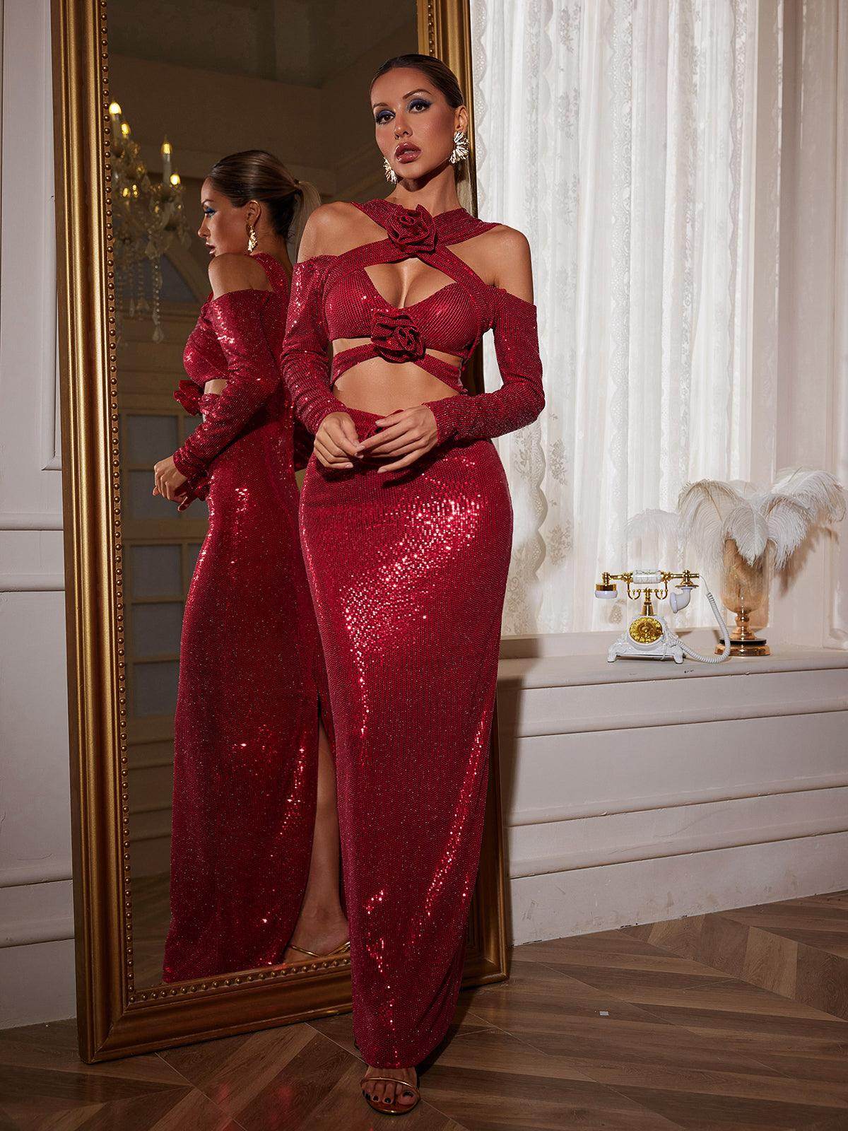 Flower Cutout Sequin Maxi Dress - REBECATHELABEL