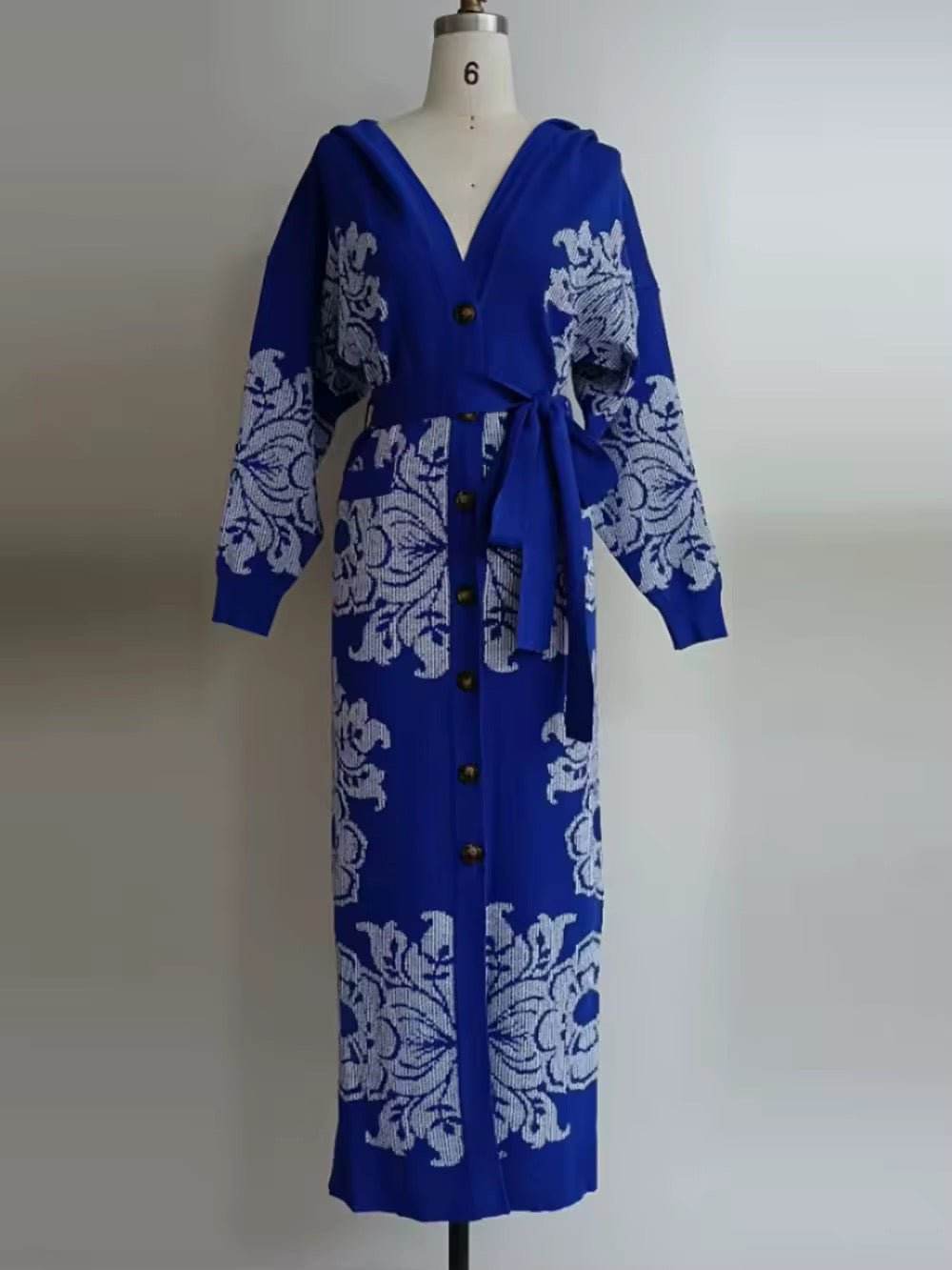 Flower Jacquard Long Hooded Cardigan Coat Bandage Single Breasted dress - REBECATHELABEL