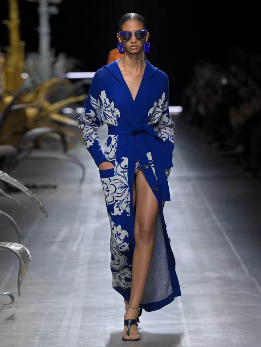 Flower Jacquard Long Hooded Cardigan Coat Bandage Single Breasted dress - REBECATHELABEL