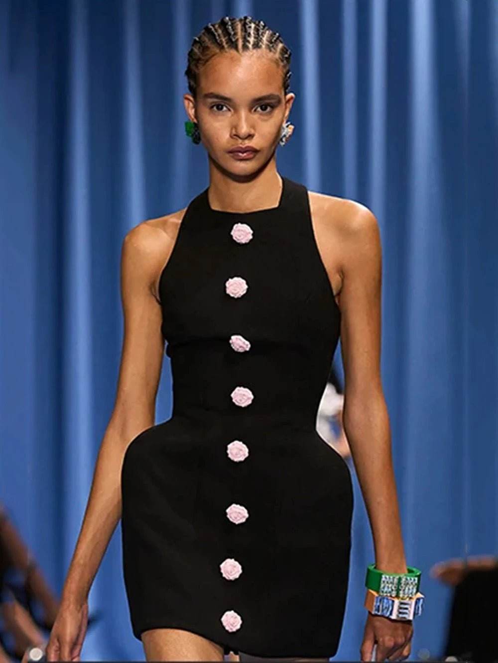 Flowers Button Black Bandage Short Dress - REBECATHELABEL