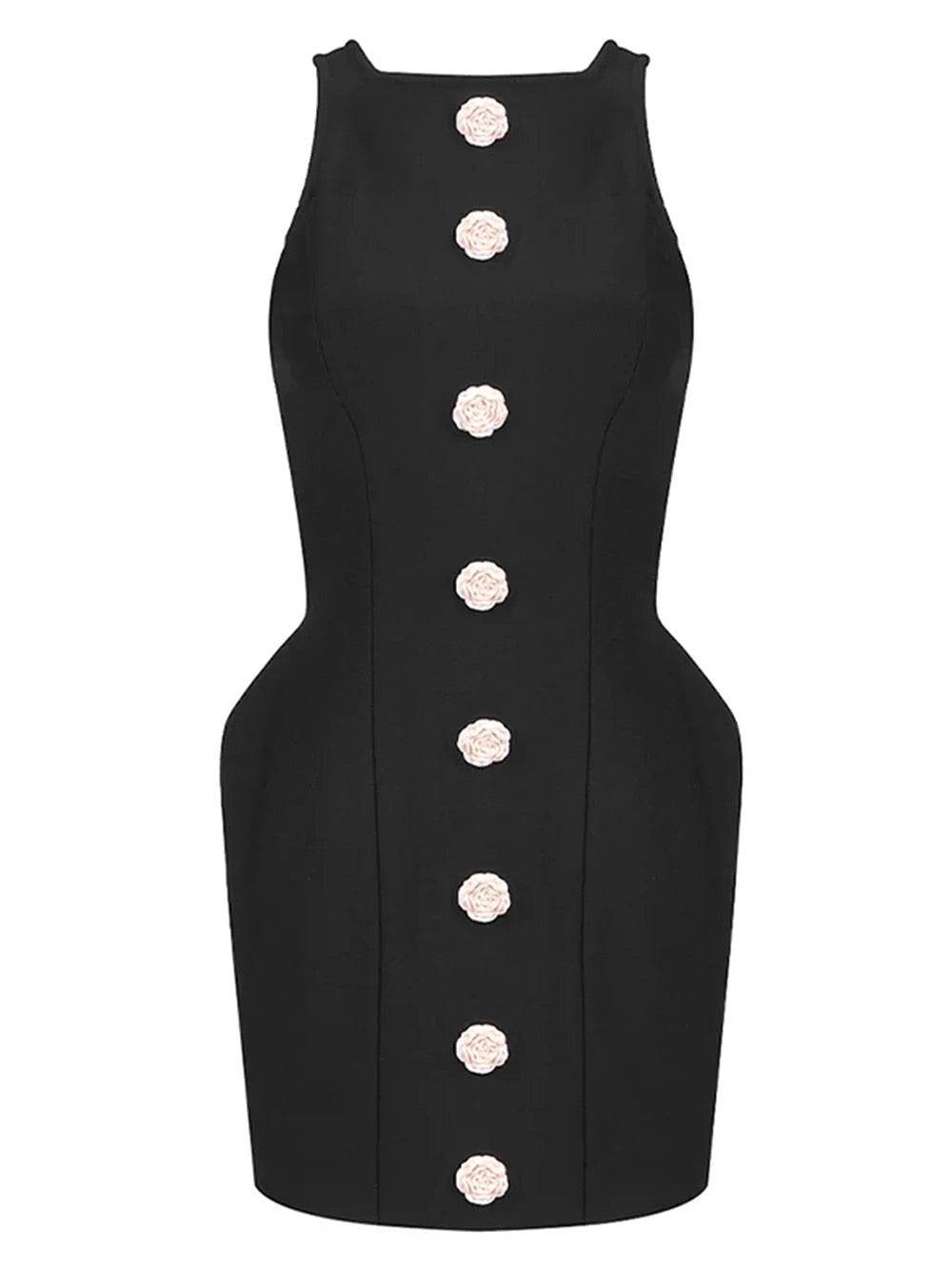 Flowers Button Black Bandage Short Dress - REBECATHELABEL