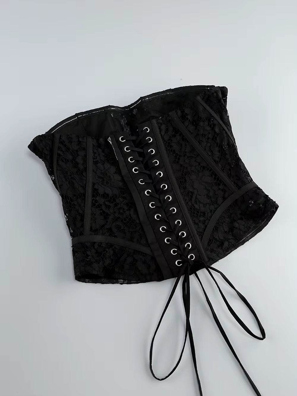 Gloves+Top+Skirt 3-piece Set Sexy Strapless Lace up Top Pleated Long Skirt Set - REBECATHELABEL