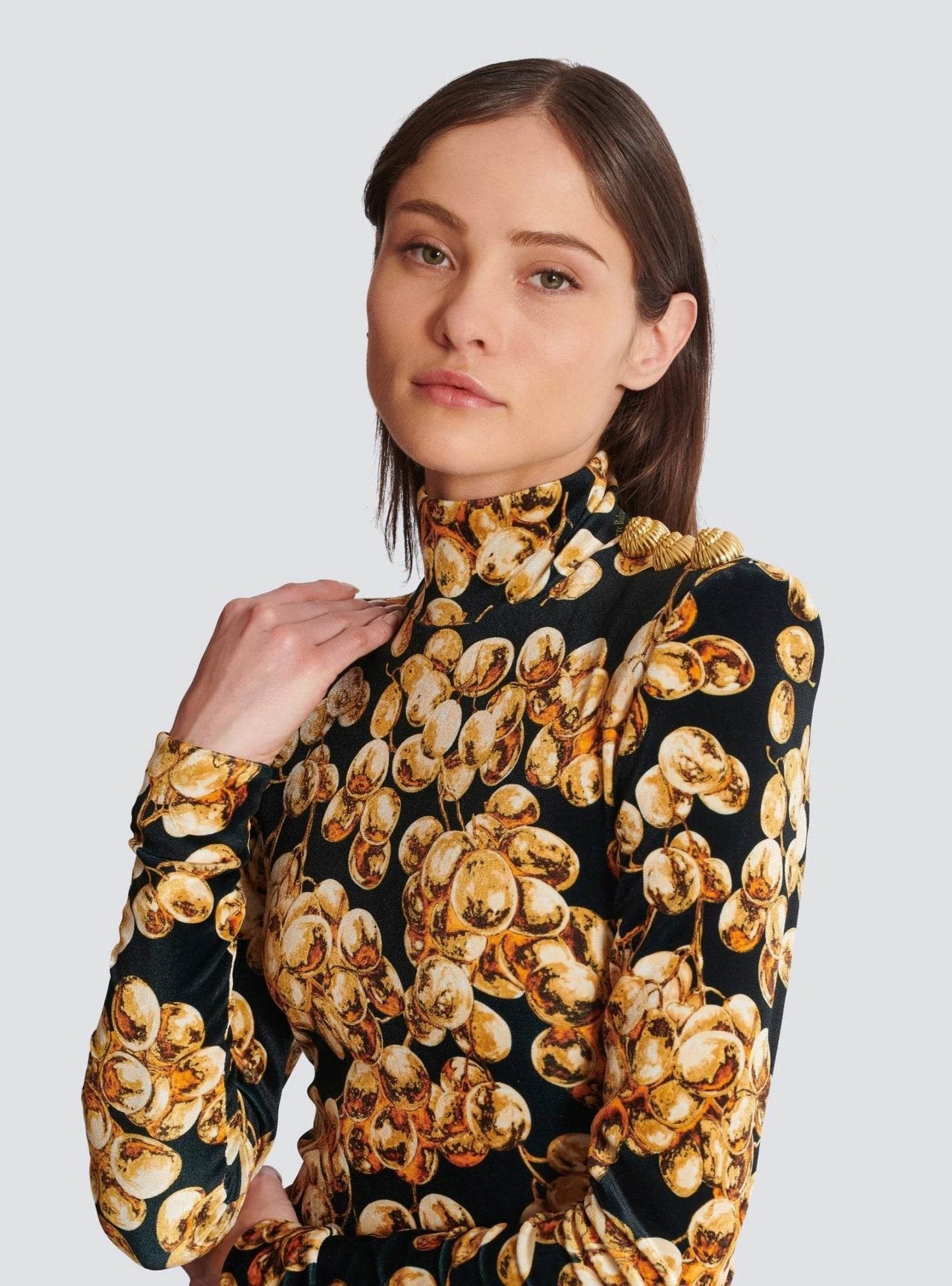 Grape Printed Gold Velvet Turtleneck Slim Mini Dress - REBECATHELABEL