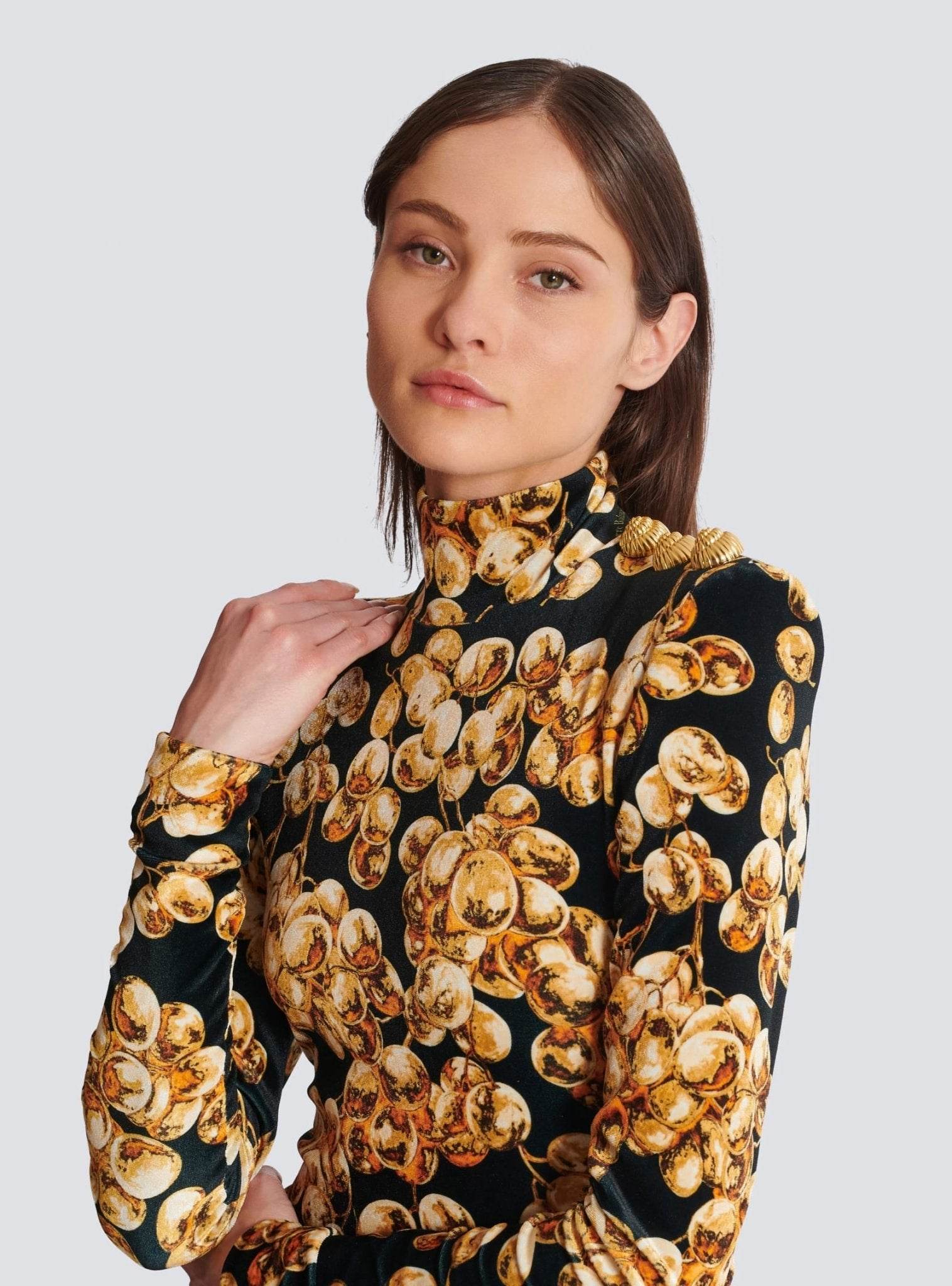 Grape Printed Gold Velvet Turtleneck Slim Mini Dress - REBECATHELABEL