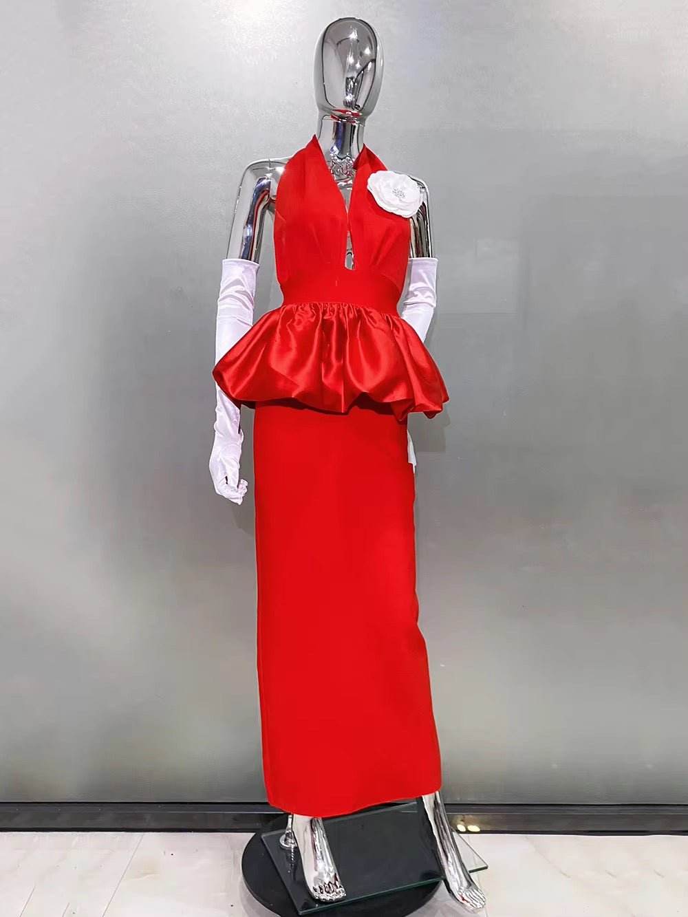 Halter 3D Flowers Tight Long Dress Gloves dress - REBECATHELABEL