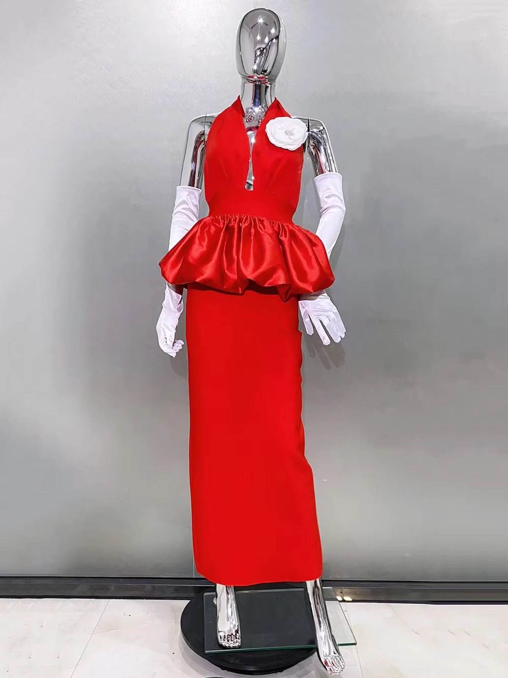 Halter 3D Flowers Tight Long Dress Gloves dress - REBECATHELABEL