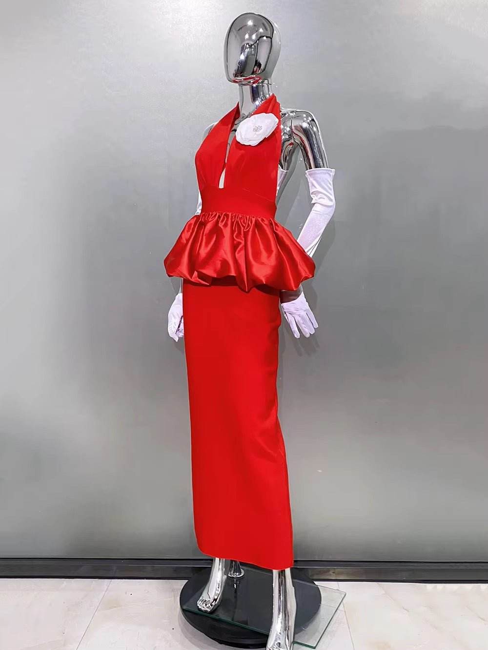 Halter 3D Flowers Tight Long Dress Gloves dress - REBECATHELABEL