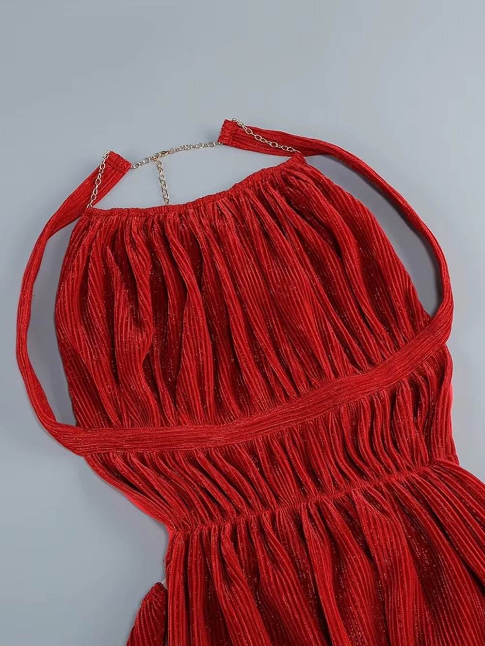 Halter Chain Pleated High Split Long Dress - REBECATHELABEL