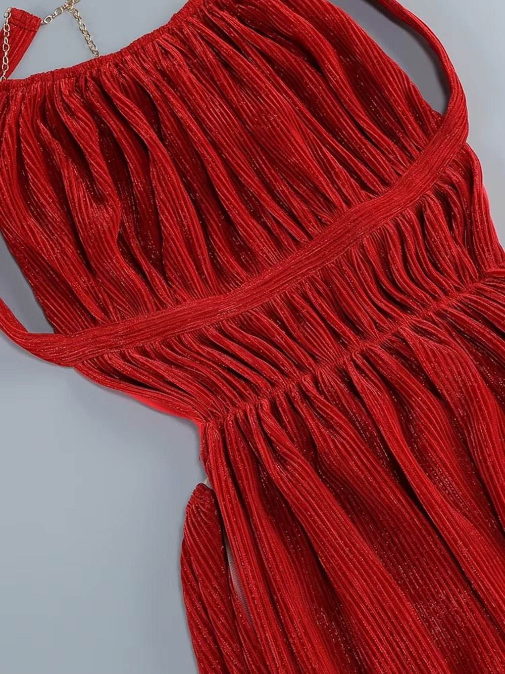 Halter Chain Pleated High Split Long Dress - REBECATHELABEL