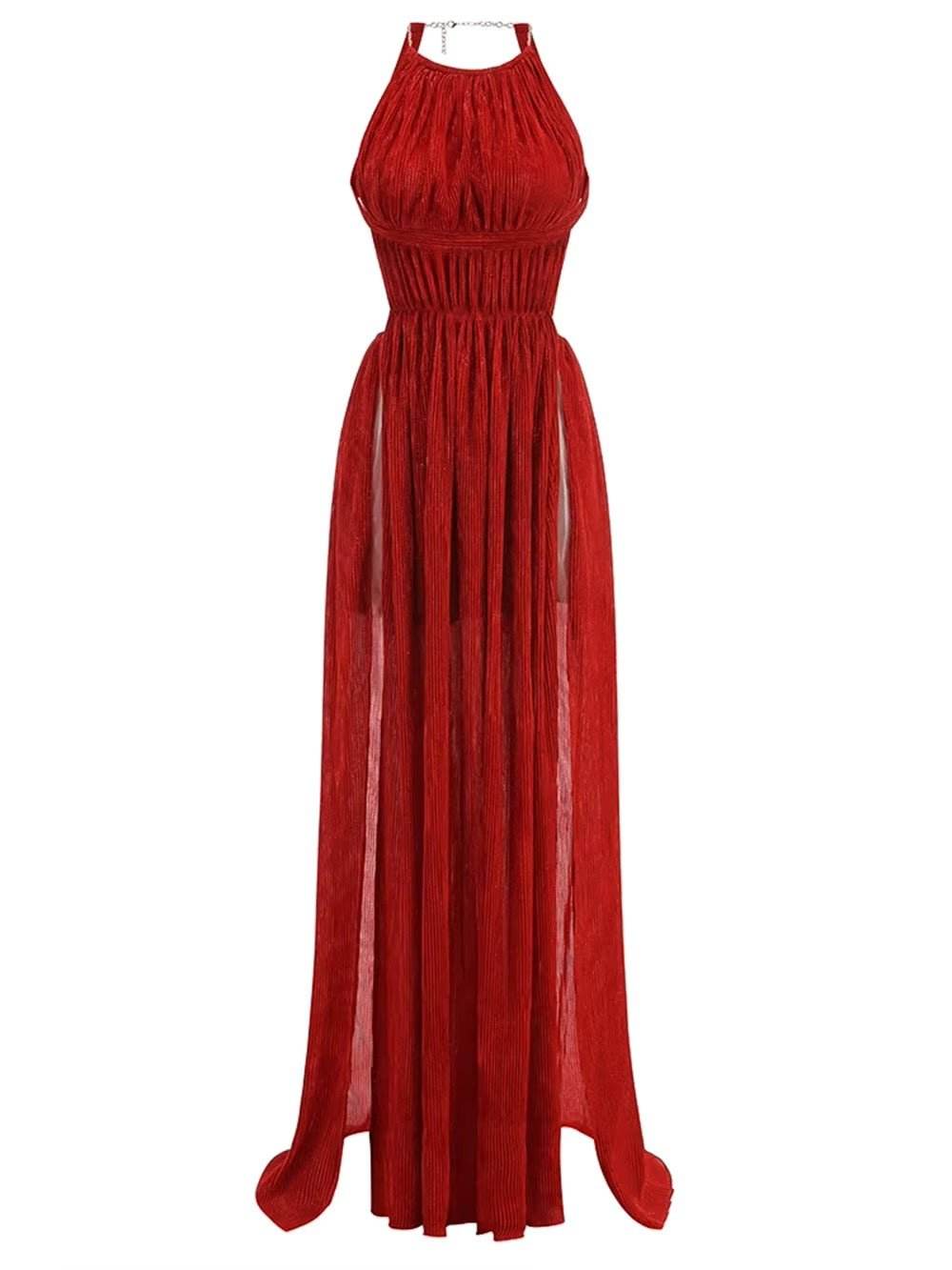 Halter Chain Pleated High Split Long Dress - REBECATHELABEL