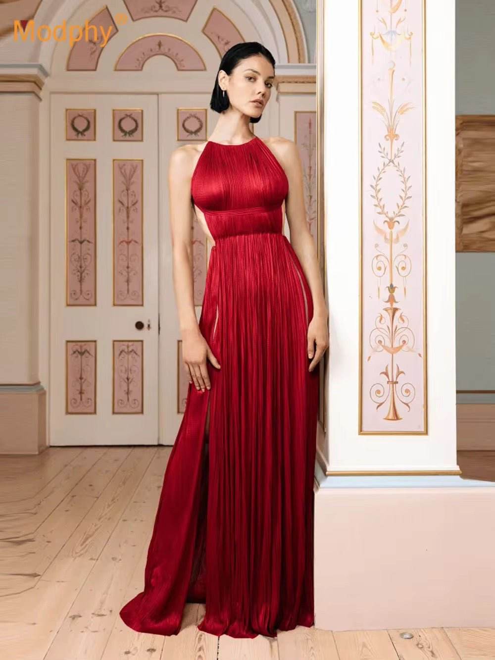 Halter Chain Pleated High Split Long Dress - REBECATHELABEL