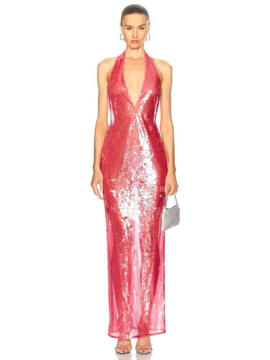 Halter Deep V Neck Sheer Sequins Long Dress - REBECATHELABEL