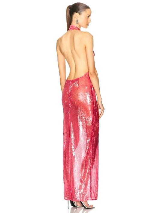 Halter Deep V Neck Sheer Sequins Long Dress - REBECATHELABEL