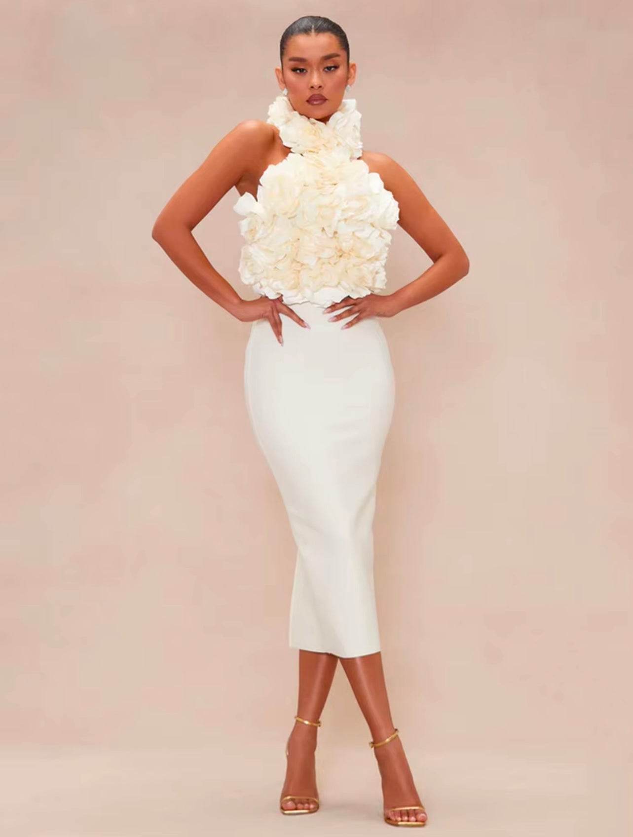 Halter Floral Backless Solid 3D Flower Bodycon Midi Bandage Dress - REBECATHELABEL