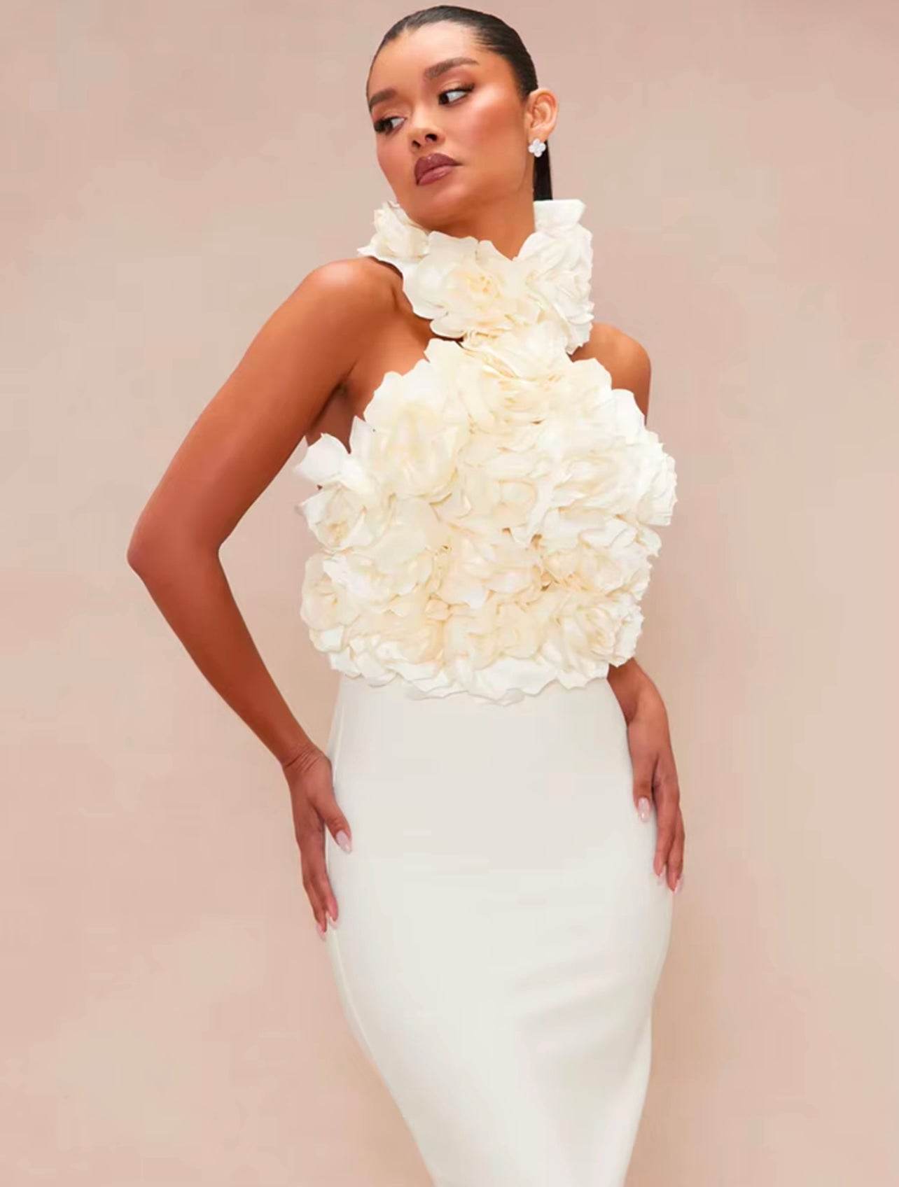 Halter Floral Backless Solid 3D Flower Bodycon Midi Bandage Dress - REBECATHELABEL