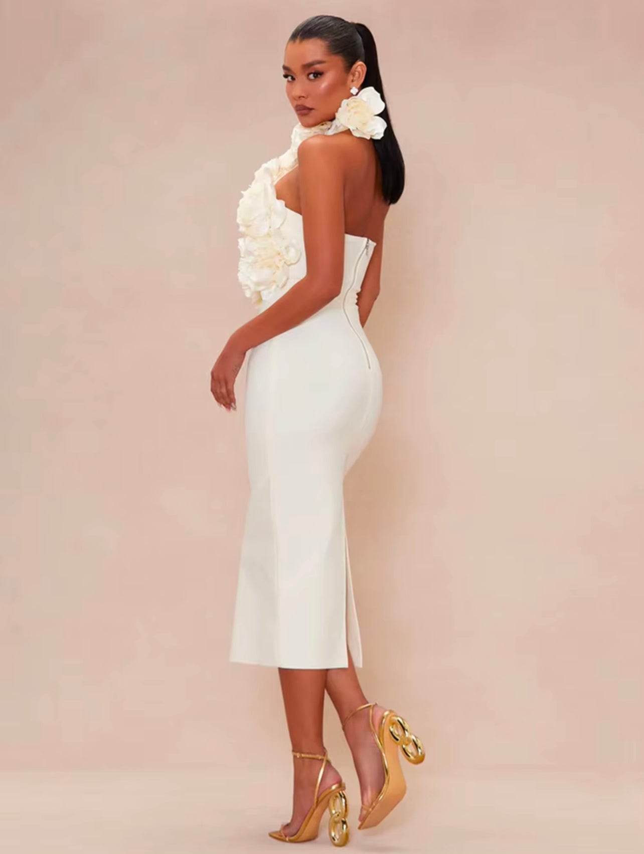 Halter Floral Backless Solid 3D Flower Bodycon Midi Bandage Dress - REBECATHELABEL