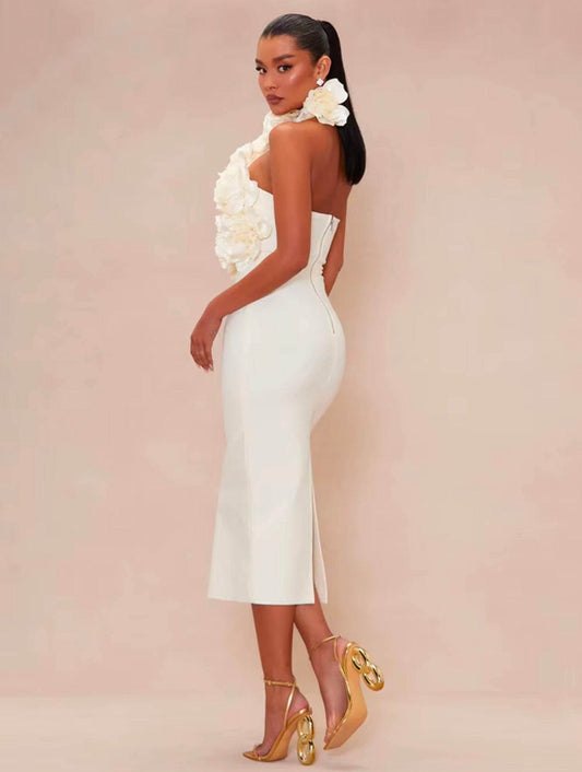 Halter Floral Backless Solid 3D Flower Bodycon Midi Bandage Dress - REBECATHELABEL
