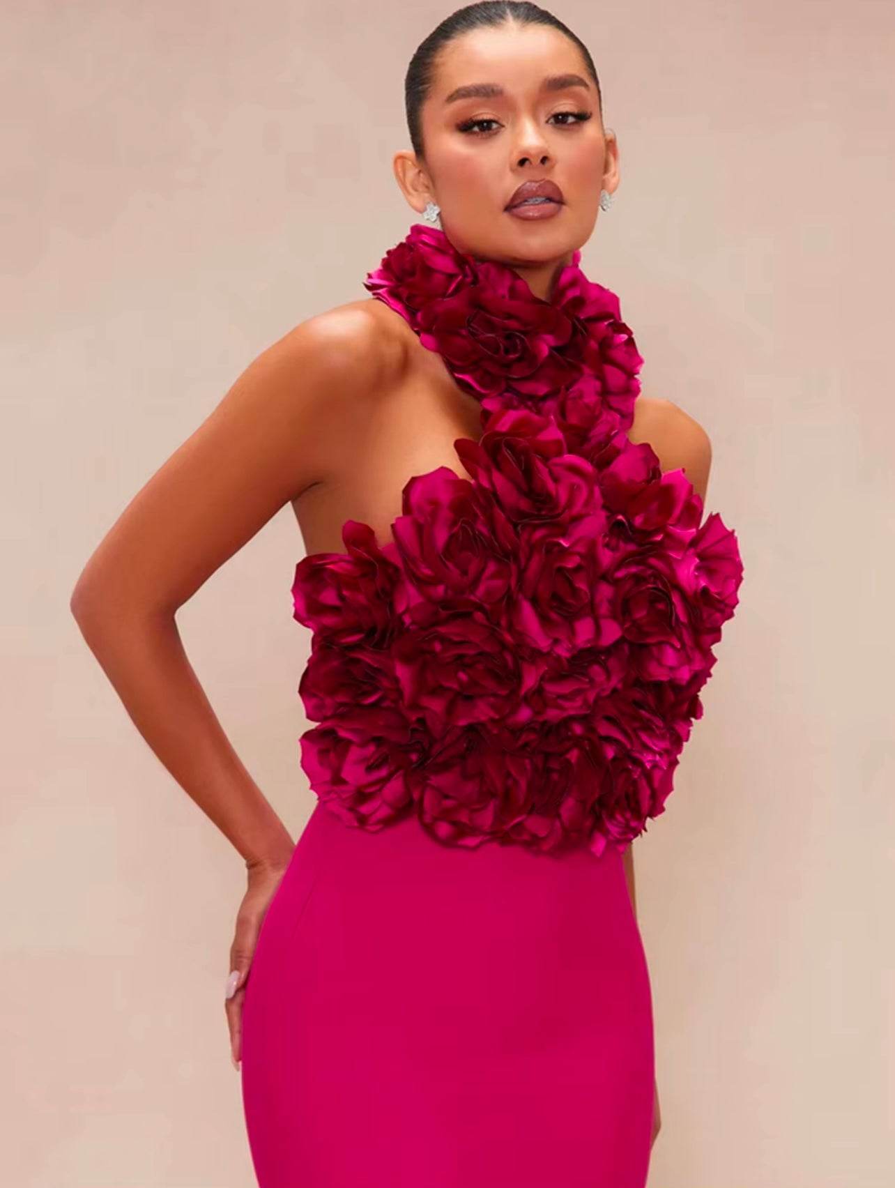 Halter Floral Sexy Backless Solid 3D Flower Bodycon Midi Bandage Dress - REBECATHELABEL