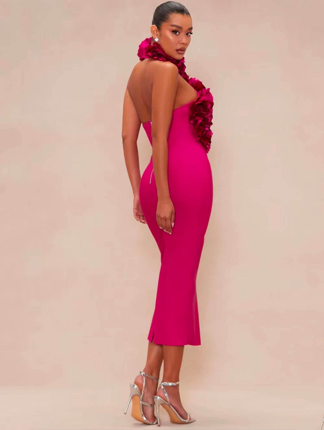 Halter Floral Sexy Backless Solid 3D Flower Bodycon Midi Bandage Dress - REBECATHELABEL