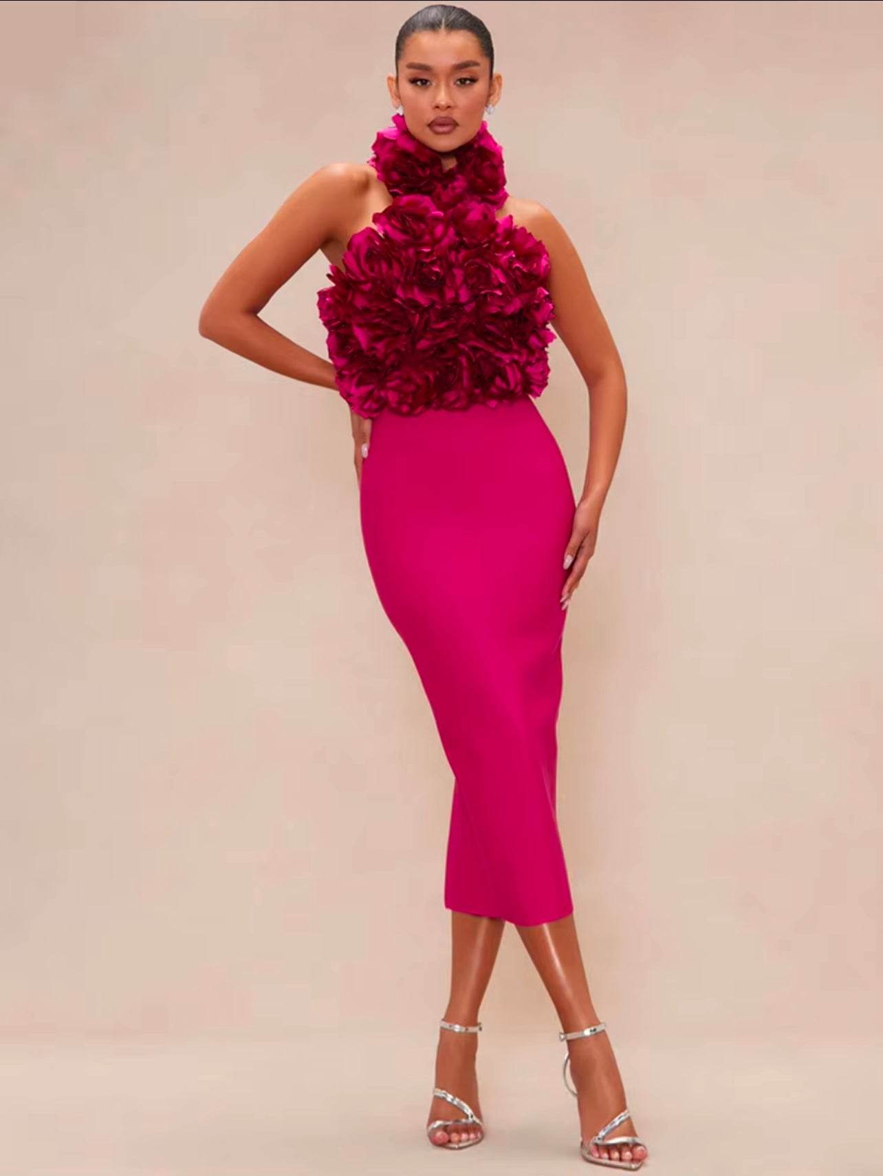 Halter Floral Sexy Backless Solid 3D Flower Bodycon Midi Bandage Dress - REBECATHELABEL