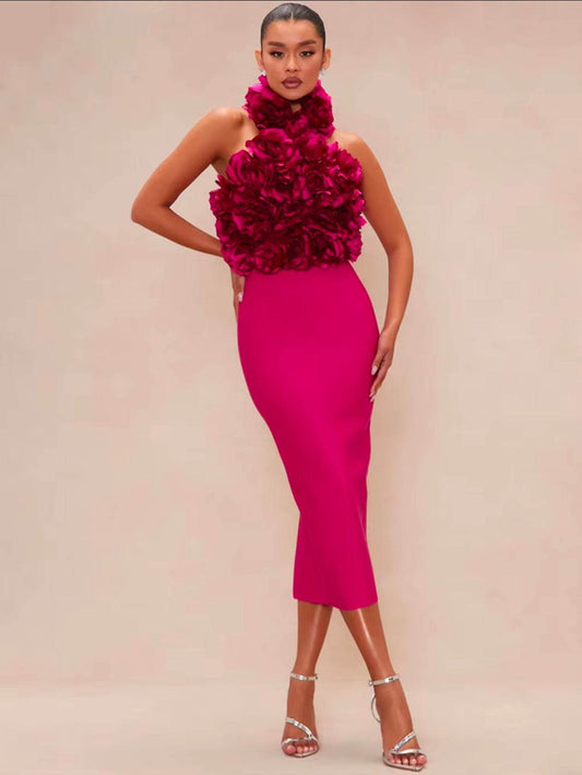 Halter Floral Sexy Backless Solid 3D Flower Bodycon Midi Bandage Dress - REBECATHELABEL