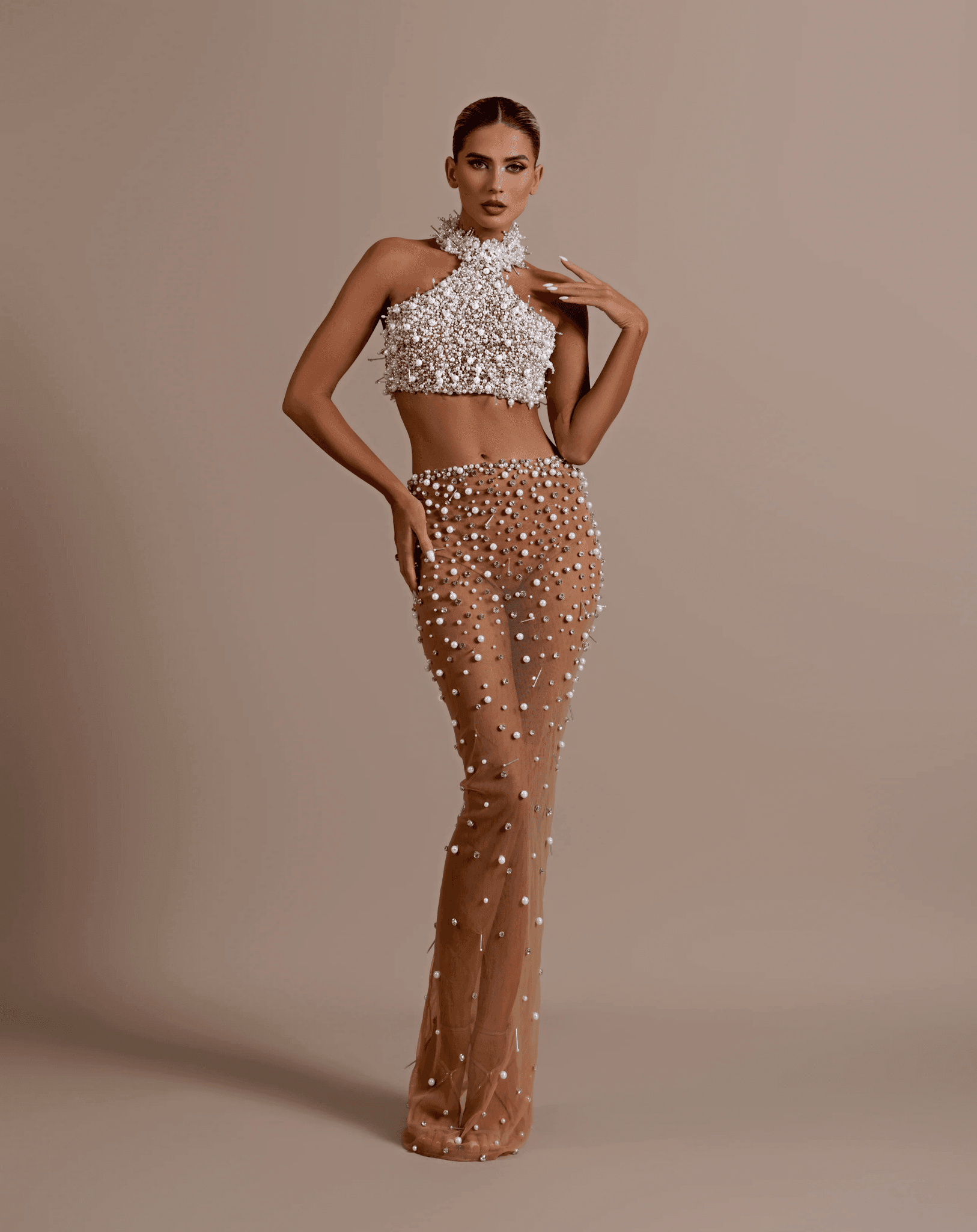 Halter neck crop top set with dense white beadwork - REBECATHELABEL