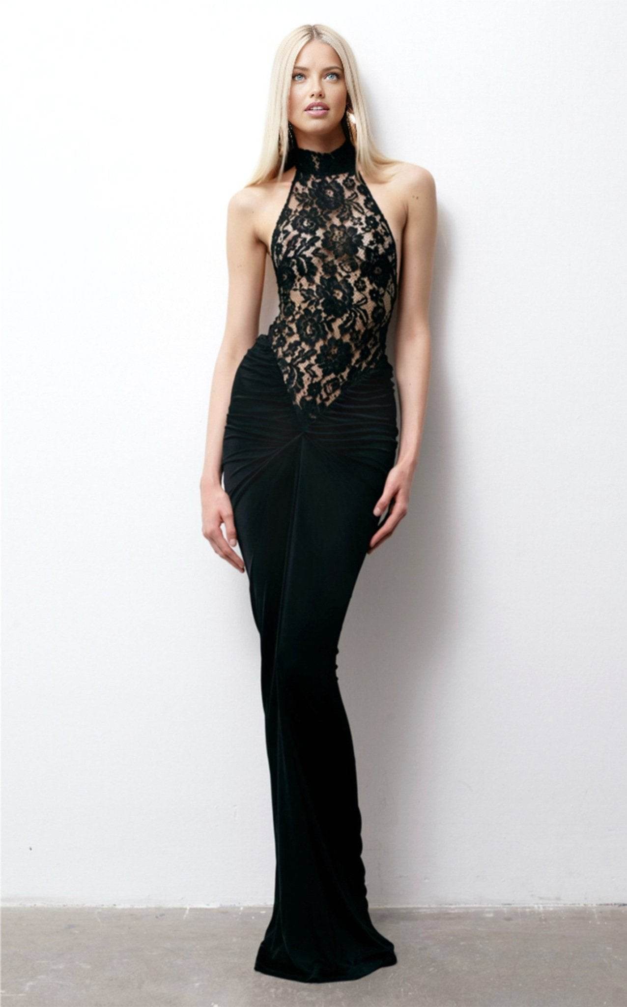 Halter Neck Lace Patchwork Folds Long Dress - REBECATHELABEL