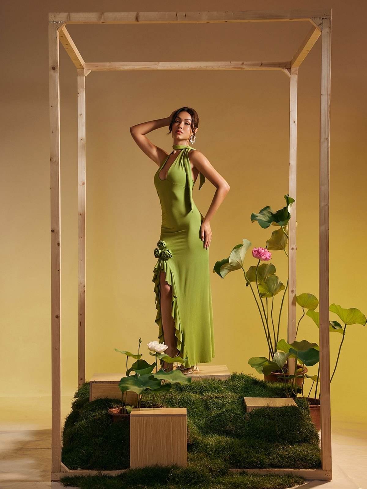 Halterneck Flower Ruffle Maxi Dress In Green - REBECATHELABEL