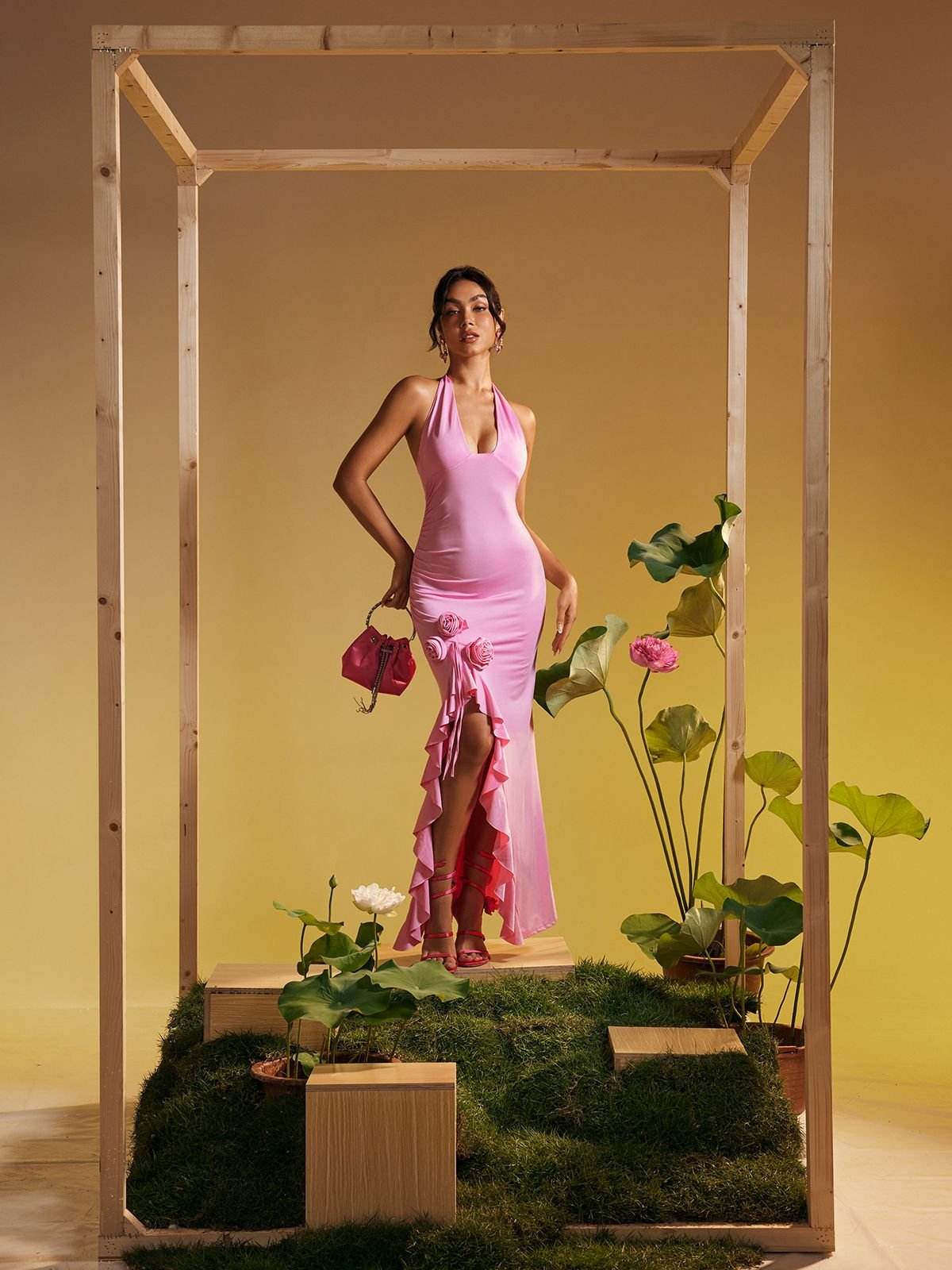 Halterneck Flower Ruffle Maxi Dress In Pink - REBECATHELABEL