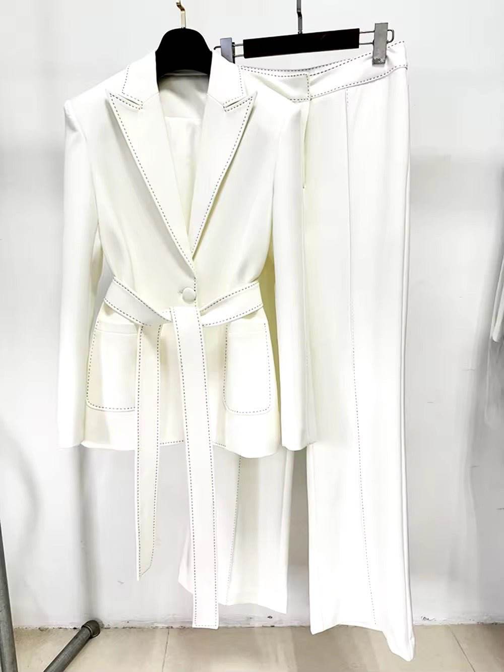 Handmade Suit Set Belted Blazer Jacket Straight Pants Two sets - REBECATHELABEL