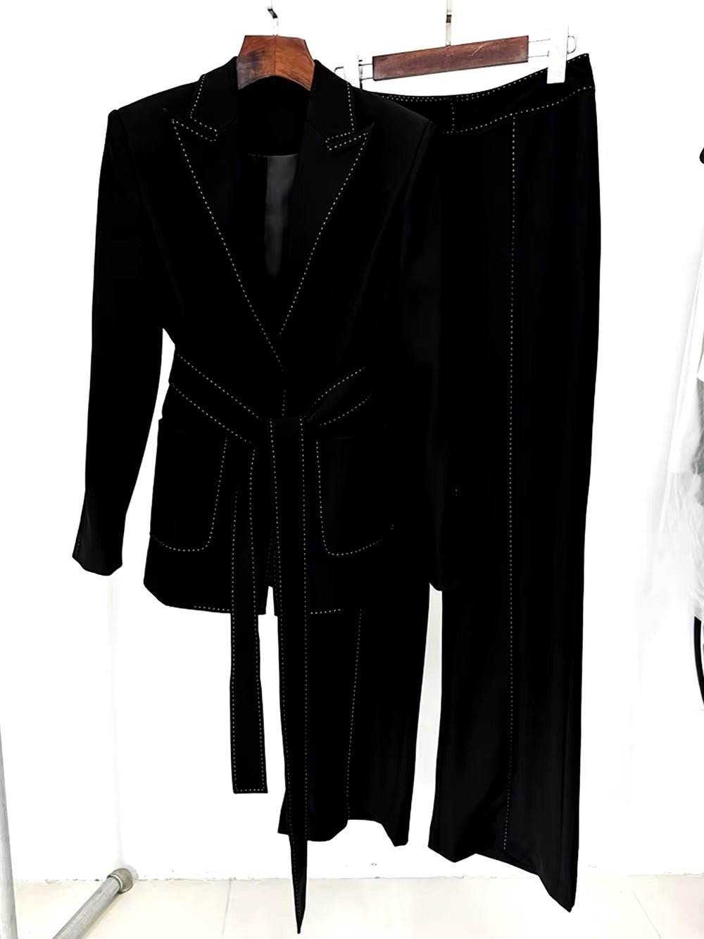 Handmade Suit Set Belted Blazer Jacket Straight Pants Two sets - REBECATHELABEL