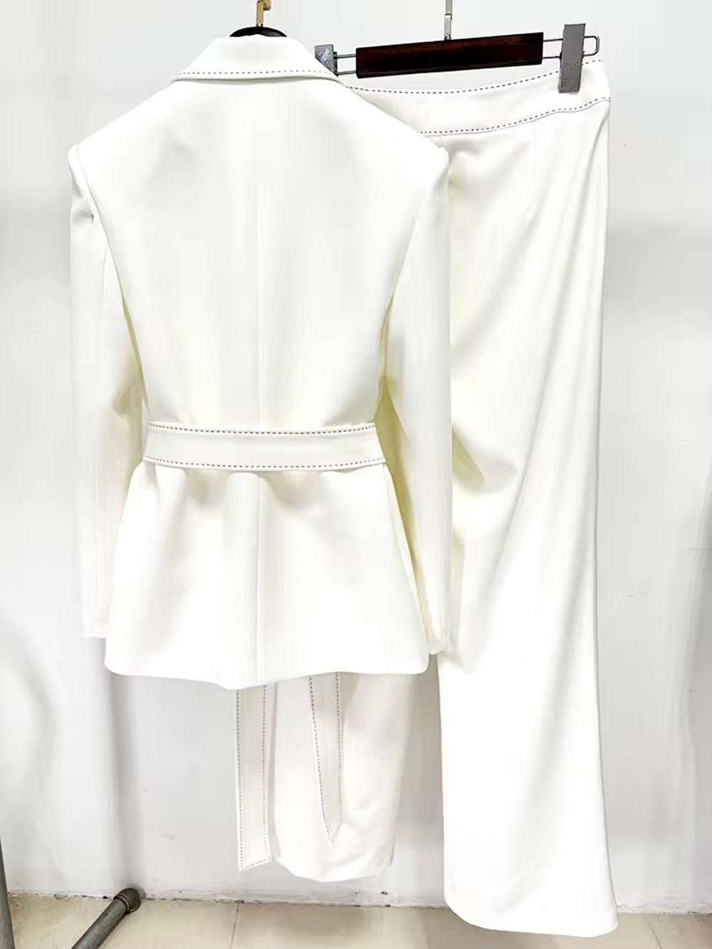 Handmade Suit Set Belted Blazer Jacket Straight Pants Two sets - REBECATHELABEL