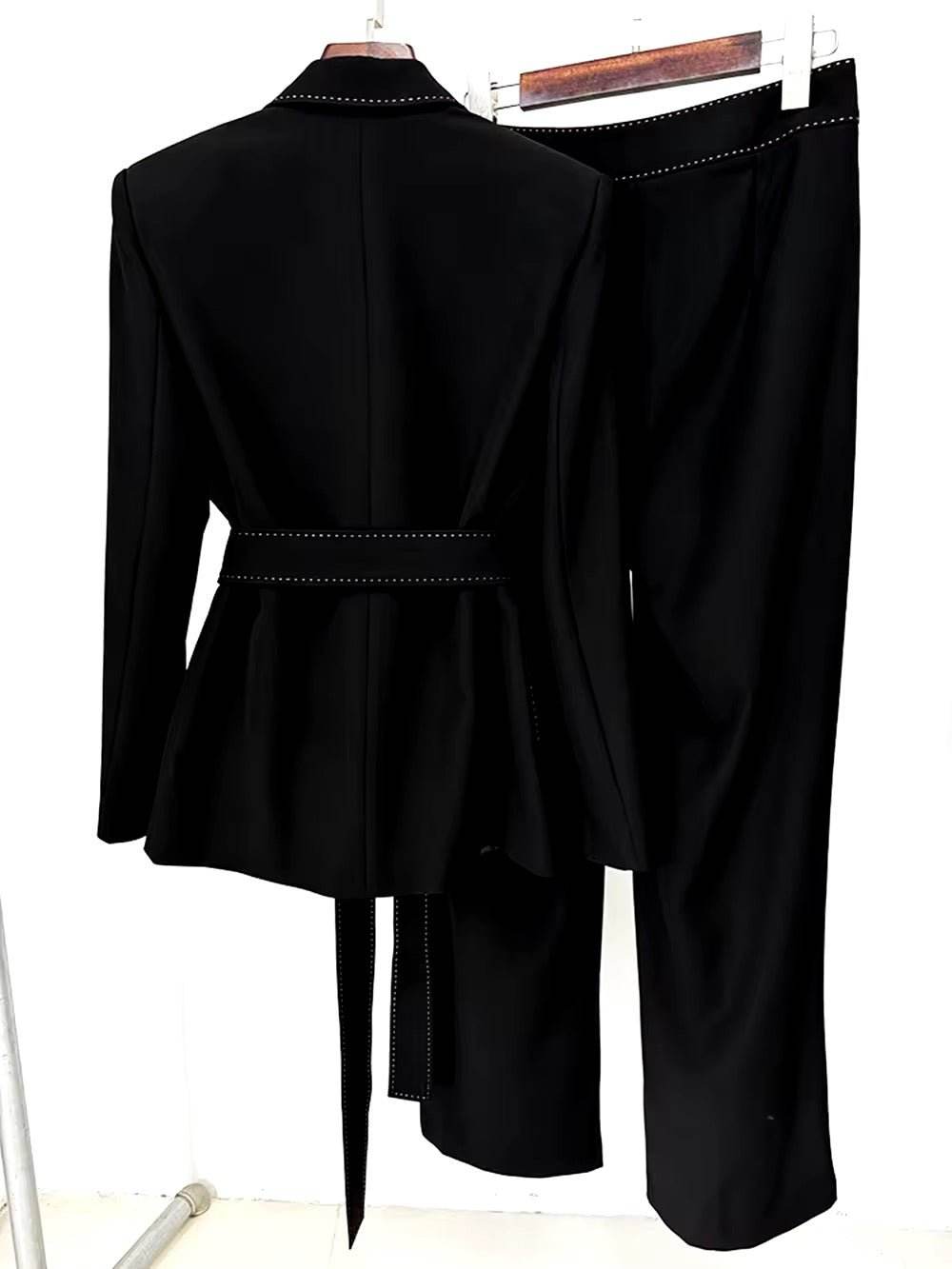Handmade Suit Set Belted Blazer Jacket Straight Pants Two sets - REBECATHELABEL