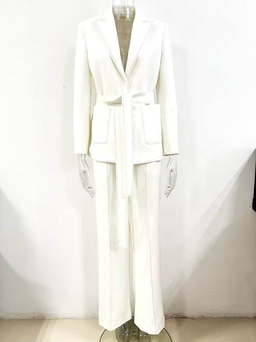 Handmade Suit Set Belted Blazer Jacket Straight Pants Two sets - REBECATHELABEL