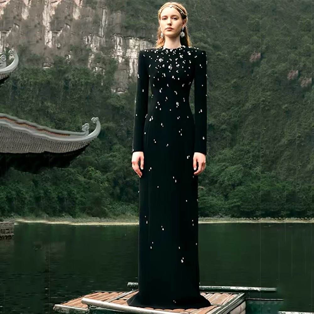 Heavy Industry Diamond Bead Slim Elegant Long Dress - REBECATHELABEL