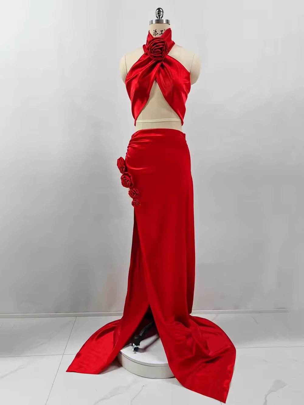 High slit 3D Flower Red Gowns Sexy Halter Crop Top & Long Skirt Two Piece Set - REBECATHELABEL