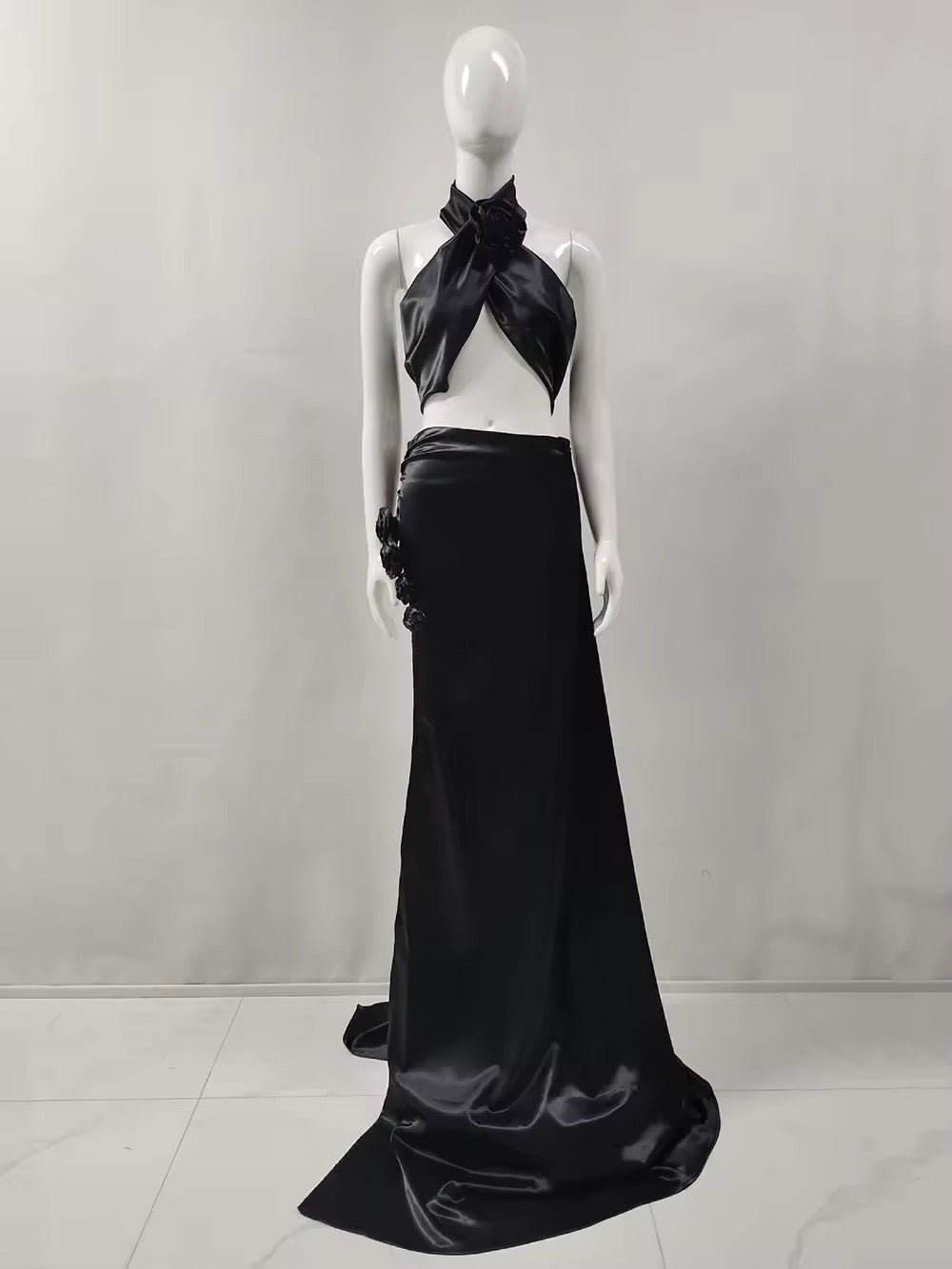 High slit 3D Flower Red Gowns Sexy Halter Crop Top & Long Skirt Two Piece Set - REBECATHELABEL