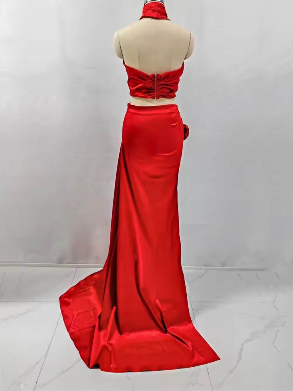 High slit 3D Flower Red Gowns Sexy Halter Crop Top & Long Skirt Two Piece Set - REBECATHELABEL