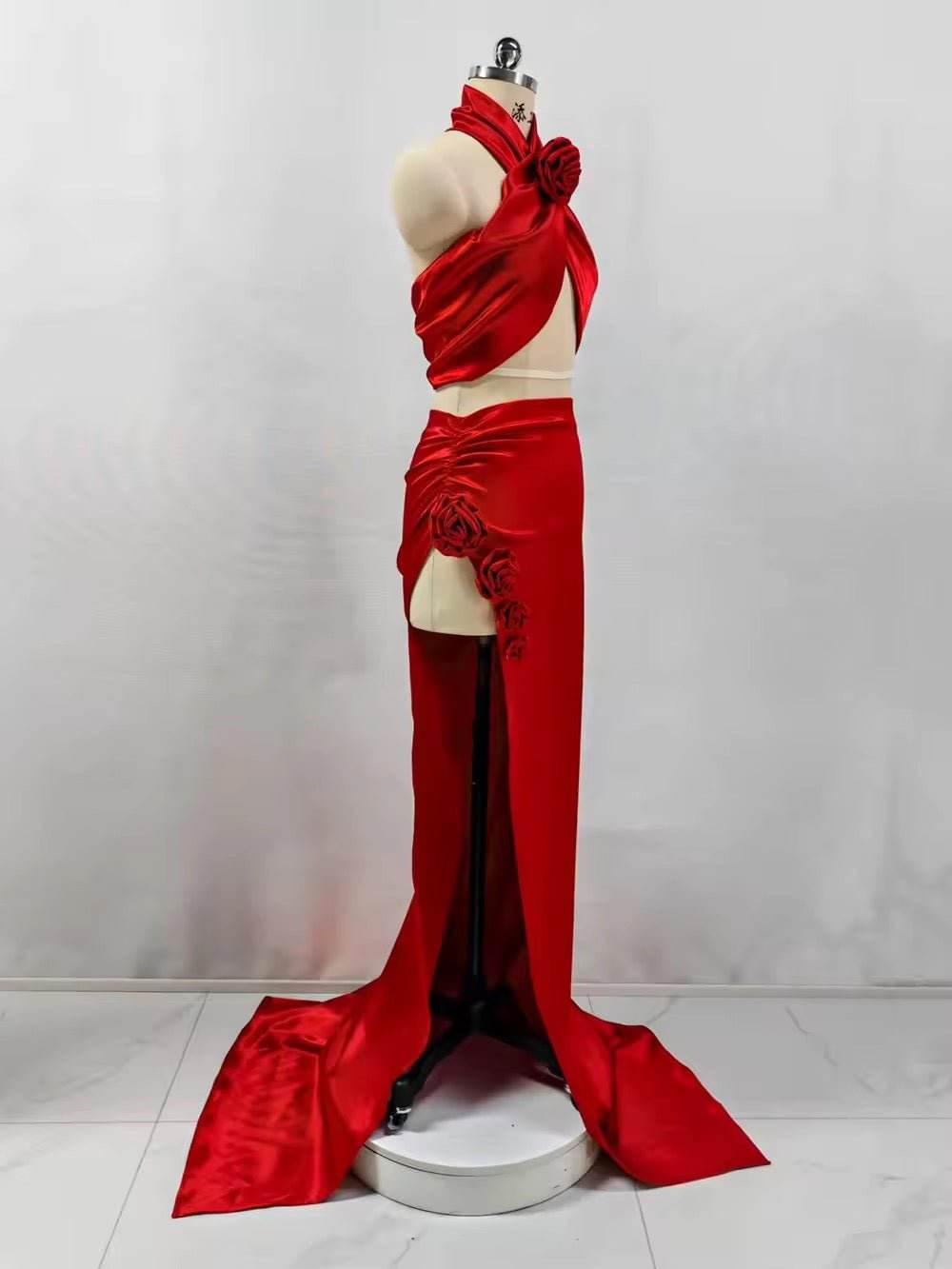 High slit 3D Flower Red Gowns Sexy Halter Crop Top & Long Skirt Two Piece Set - REBECATHELABEL