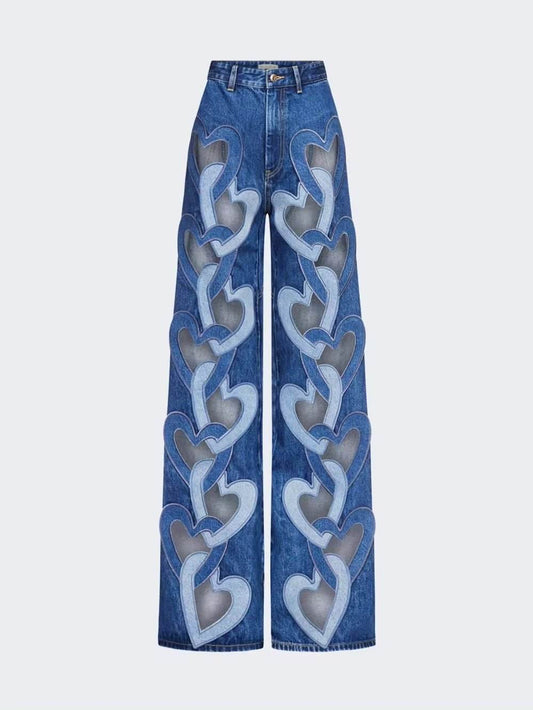 High Waist Heart Connectivity Contrast Color Hollow Out Straight Denim - REBECATHELABEL
