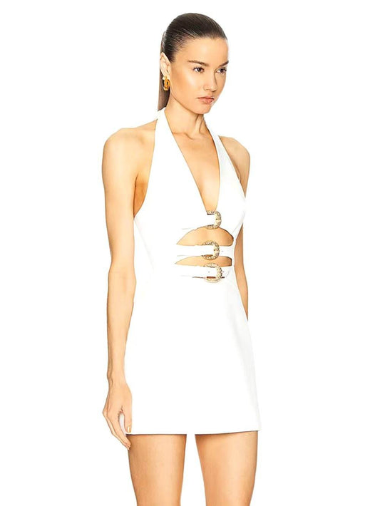 Hollow Out Diamond metal buckle design Halter Dress - REBECATHELABEL